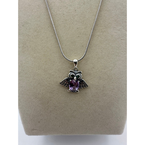 Silver and Amethyst Owl Pendant on Stainless Steel Chain - Picture 3 of 8